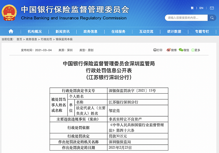 江苏银行深圳分行再因非真实转让不良资产被罚，三年前因相关违规收百万级罚单