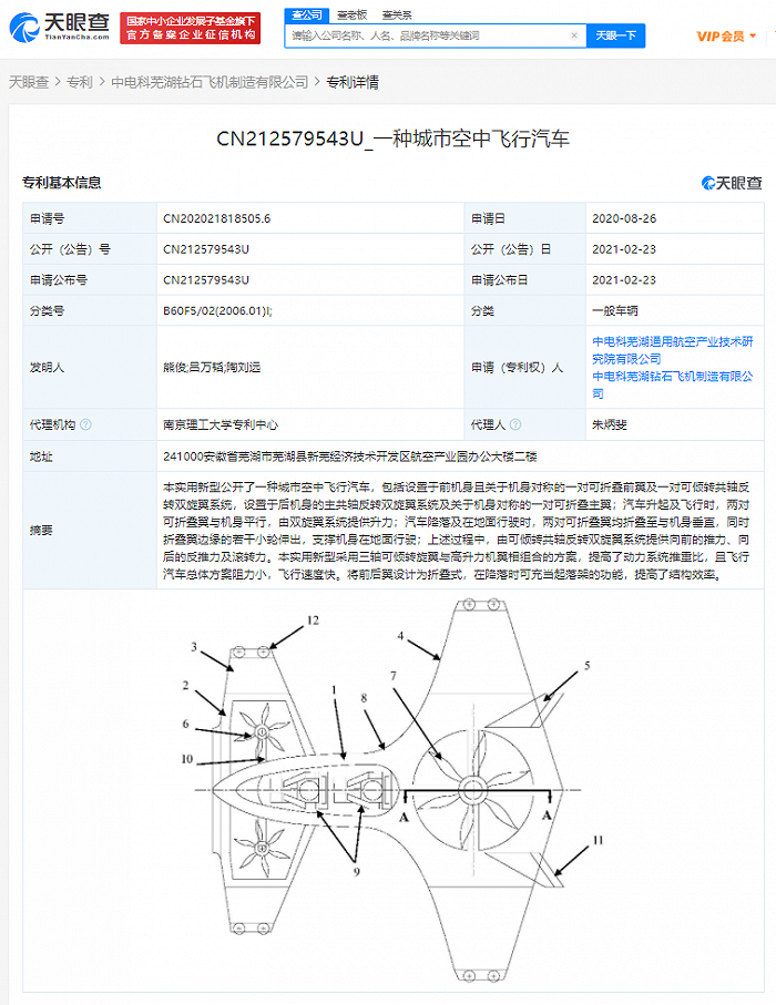 中电科申请“城市空中飞行汽车”专利