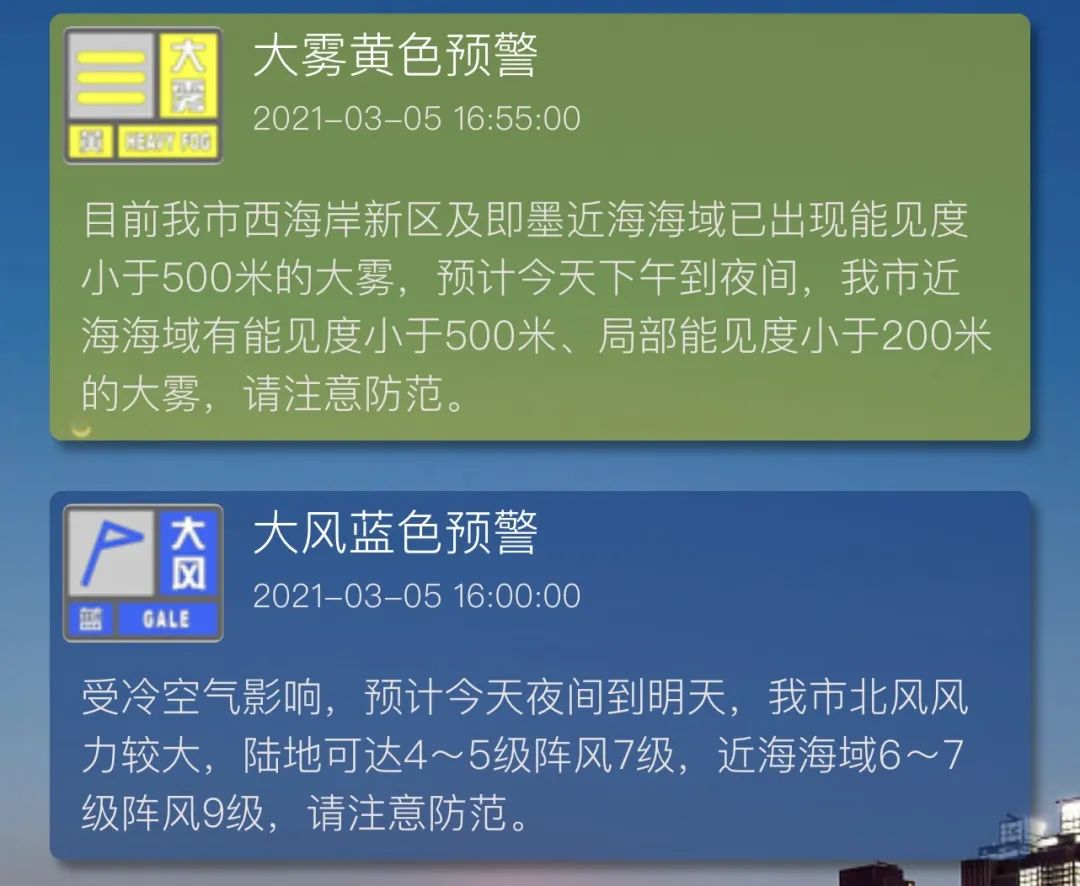 大风蓝色预警和大雾黄色预警青岛市气象台连续发布但是今天下午