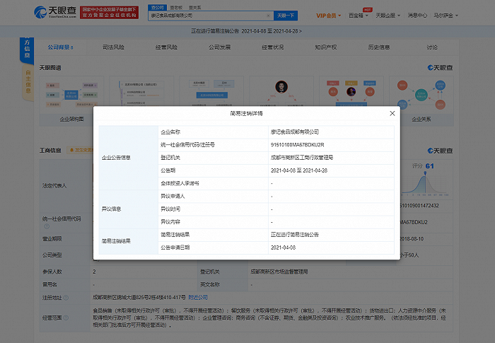 廖记食品成都有限公司申请简易注销，为“廖记棒棒鸡”关联公司