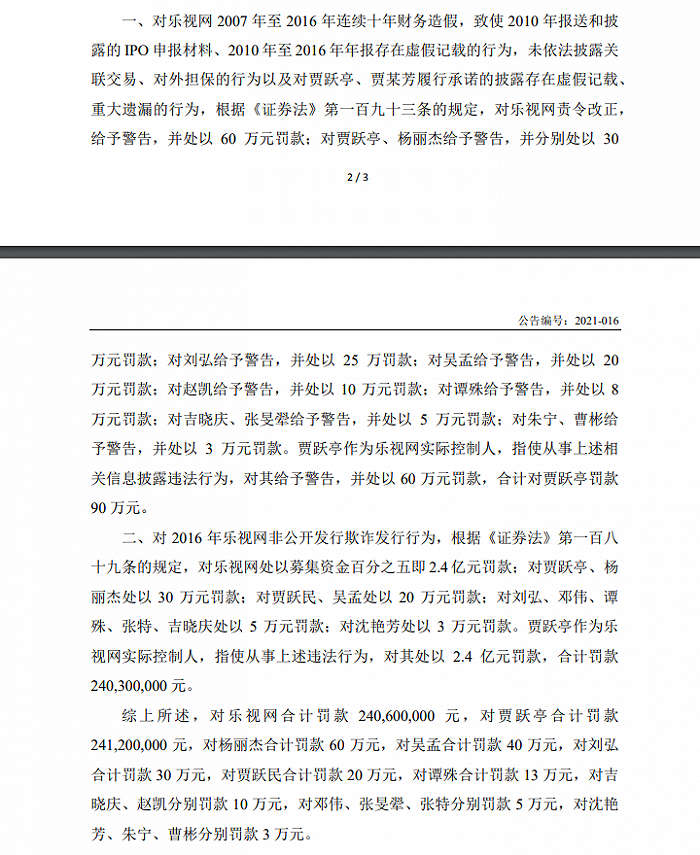 存在连续10年财务造假等多项违法事实，北京证监局对贾跃亭罚款2.41亿元