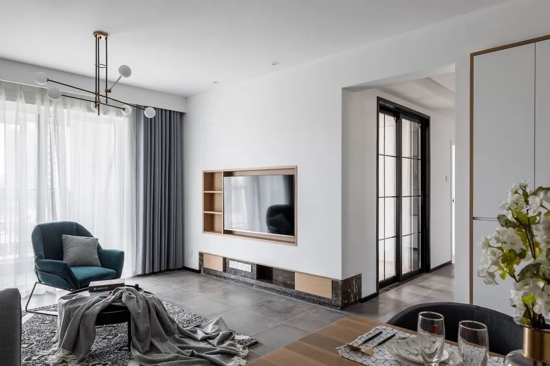 装修效果图丨88㎡现代简约风格新房装修,嵌入式电视墙优秀!