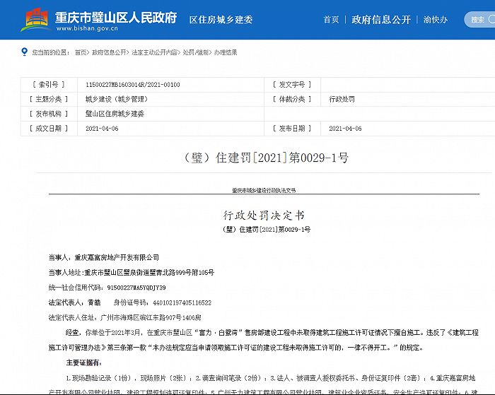 未取得许可证擅自施工，璧山“富力·白鹭湾”开发商被罚
