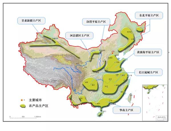 汾渭平原,河套灌区,华南和甘肃新疆等农产品主产区为主体,以基本农田