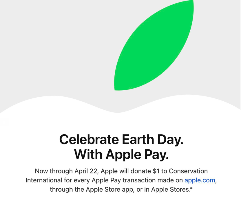 苹果发起地球日活动每笔applepay交易为环保捐赠1美元