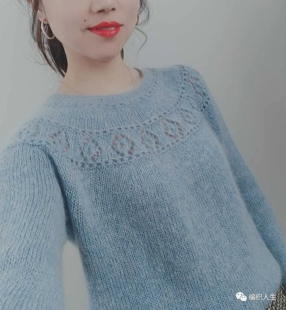 女士春季百搭菱花圆肩育克棒针套头衫有编织图解