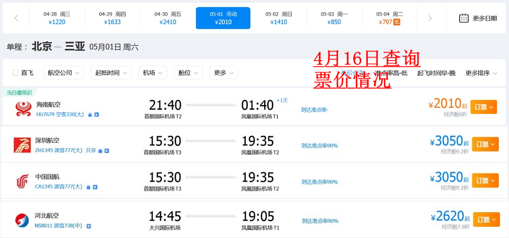  4月16日查询的北京-三亚航班票价情况 来源：携程网站