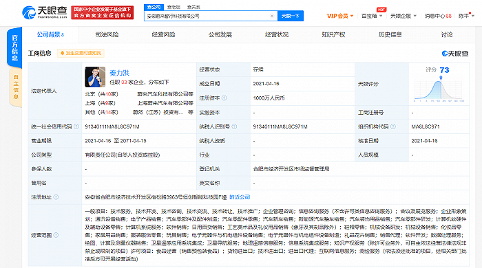 蔚来秦力洪、李斌等投资成立安徽蔚来智行科技有限公司