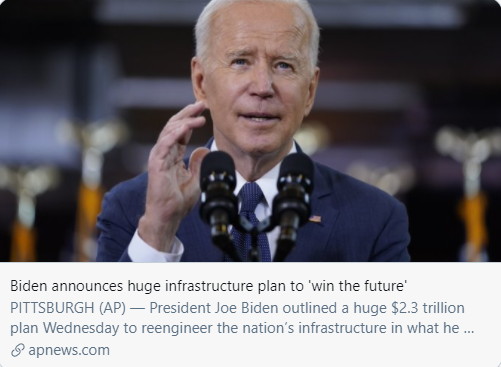 拜登宣布大型基础设施计划以“赢得未来”。/ 美联社报道截图