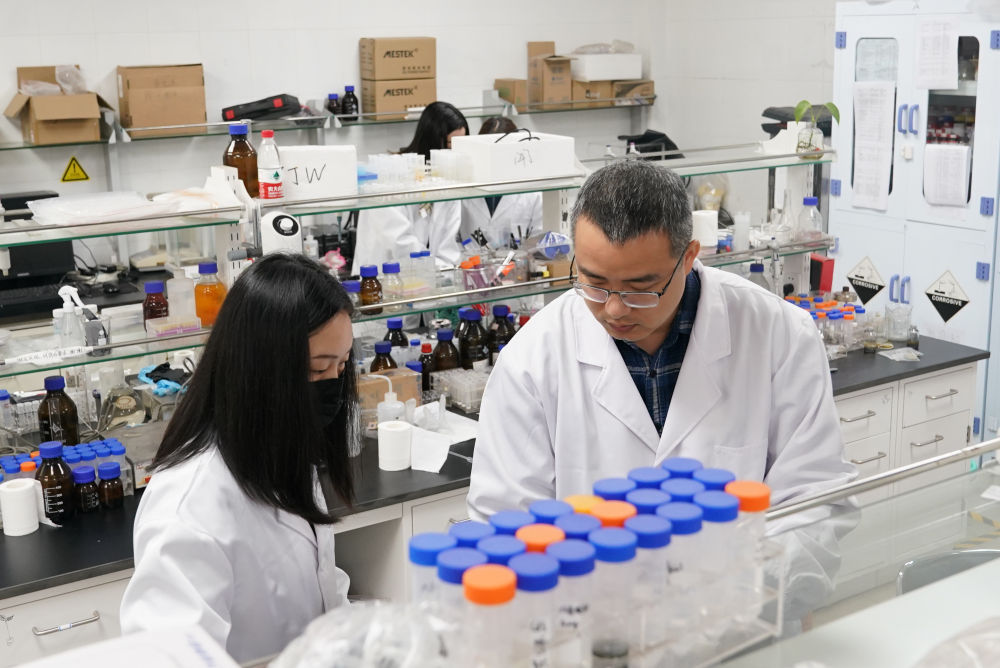 ↑2021年3月30日，上海师范大学资源化学教育部重点实验室的卞振锋教授（右）指导团队成员进行“光催化贵金属溶解”技术实验。