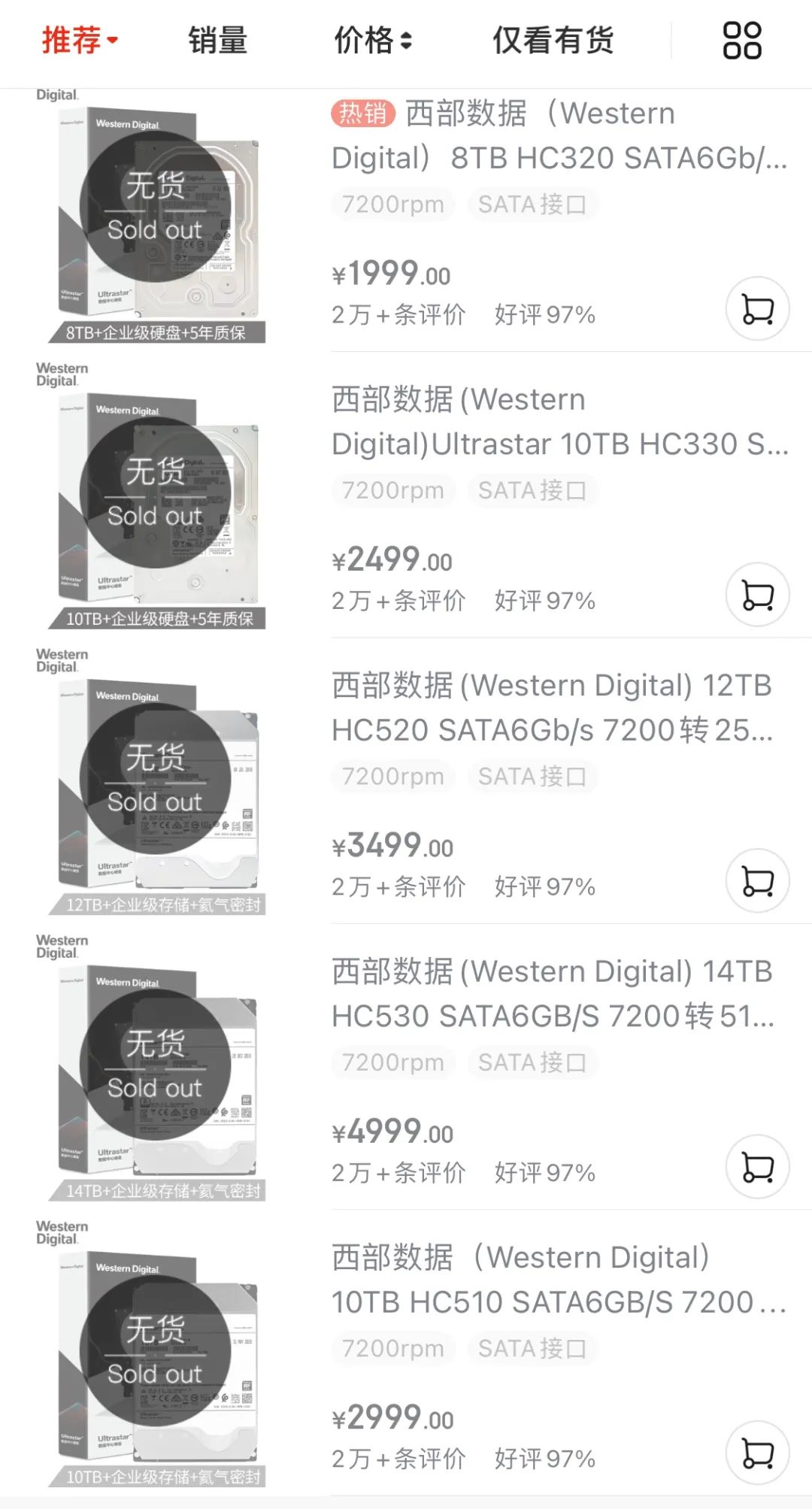 ▲某品牌大容量硬盘处于无货状态 来源：电商平台