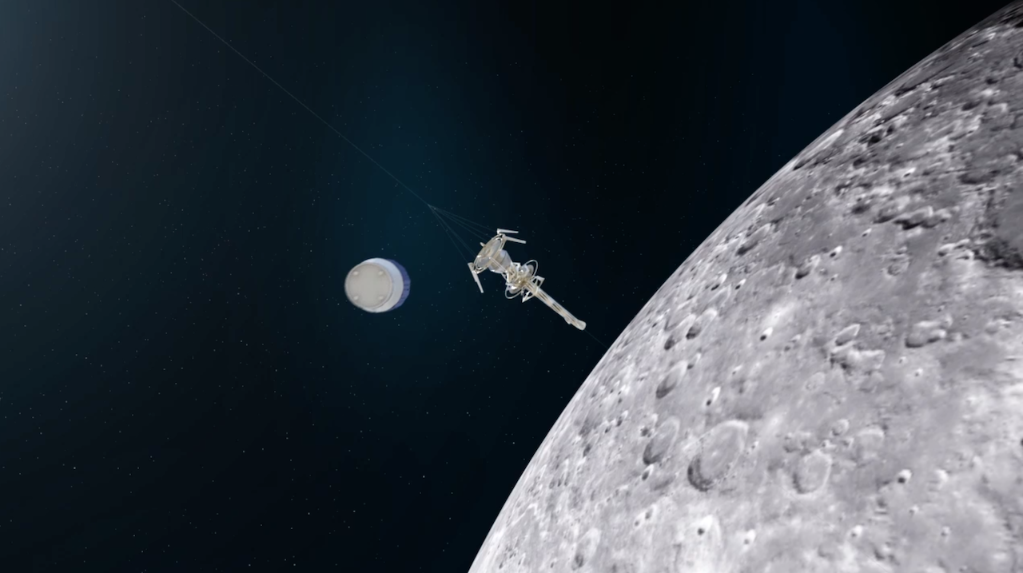 图为太空舱飞向月球空间站效果图