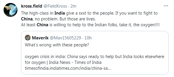 那些对中国抱有敌意的印度精英阶层想和中国为敌，请不要拉上老百姓。中国至少愿意提供帮助，（这些印度蠢货们），请接受这份善意。我们要氧气！！！