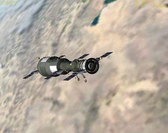 "礼炮1号"空间站与"联盟-11号"飞船组合体在轨飞行示意图