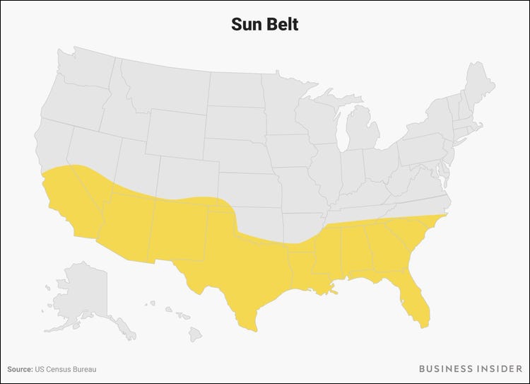 图中黄色区域为"太阳带" 外媒截图一般认为,"太阳带"是指北纬36度线以
