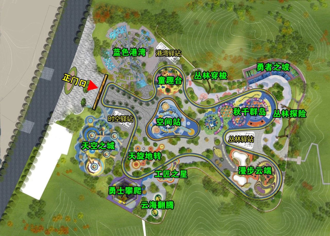 设置了蓝色港湾,童趣台,丛林穿梭,勇者之坡,丛林探险,秋千群岛,漫步