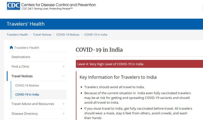 美国疾病控制和预防中心(CDC)发布了4级(最高级)旅行健康提示，建议所有美国人不要前往印度旅行。图为CDC网站截图。