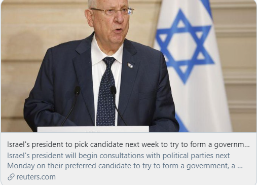 以色列总统将于下周挑选组阁候选人。/ 路透社报道截图