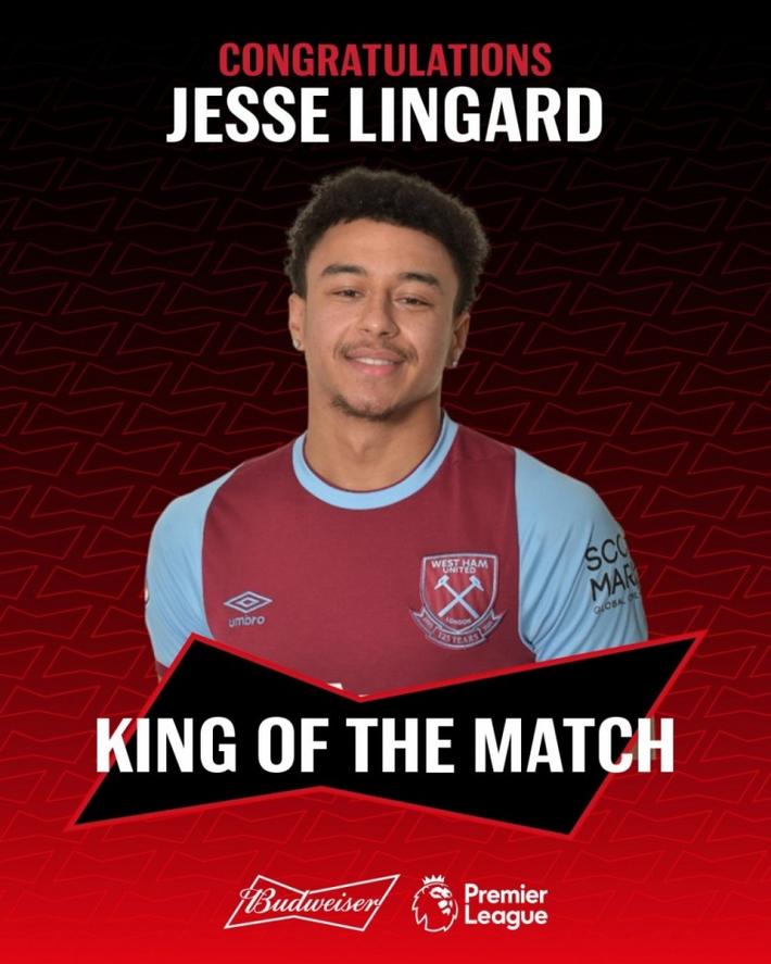 参与全队3个进球,林加德当选全场最佳