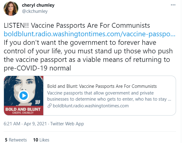图为共和党保守派的支持者在社交网络上宣扬反对“疫苗接种护照”的言论，称这是共产主义国家才会干的事情，是在侵犯自由和隐私