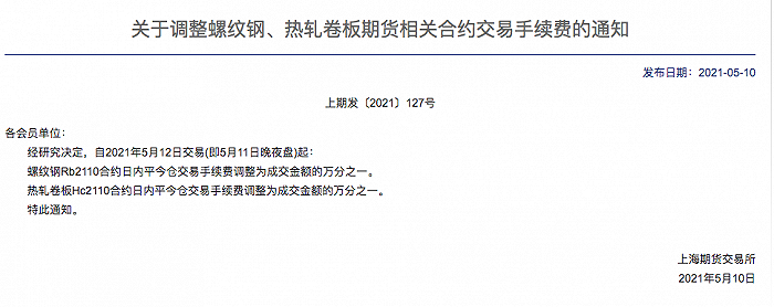 上期所：螺纹钢Rb2110合约日内平今仓交易手续费调整为成交金额的万分之一