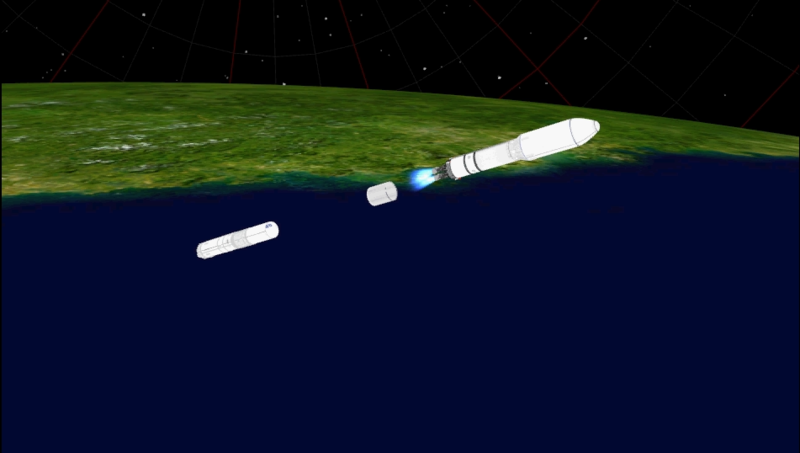 长征七号运载火箭飞行状态模拟图，从上至下分别是助推器分离、整流罩分离等瞬间。航天科技集团中国运载火箭技术研究院供图。