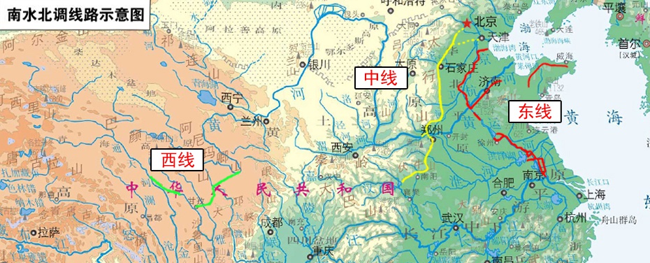 ↑南水北调线路示意图。（来源：水利部网站）