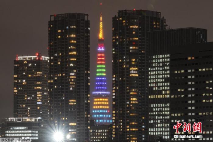 Data map: On April 14, local time, many landmarks in Tokyo, Japan held lighting events to welcome the 100-day countdown to the 2020 Tokyo Olympics. The picture shows the Tokyo Tower being lit.