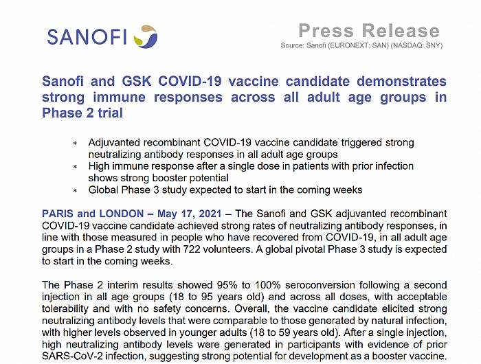 加强接种成为重要卖点，赛诺菲/GSK宣布新冠疫苗Ⅱ期实验达到主要目标