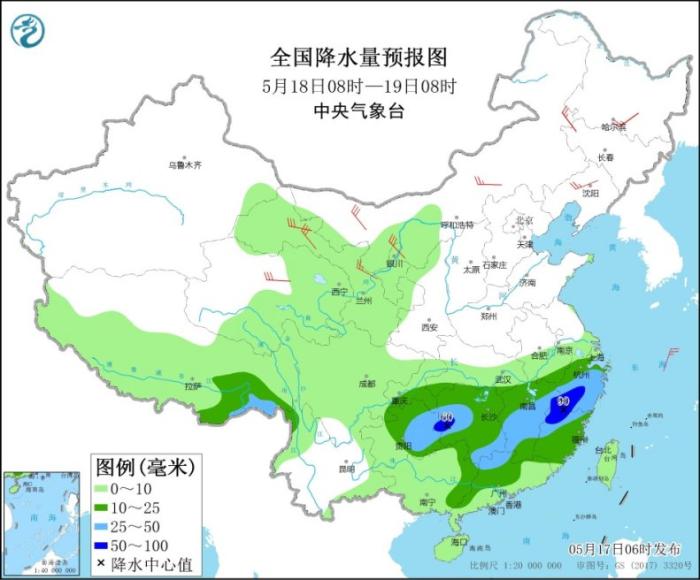 全国降水量预报图(5月18日08时-19日08时)