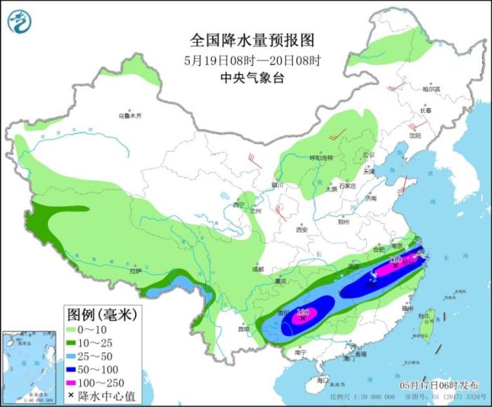 全国降水量预报图(5月19日08时-20日08时)