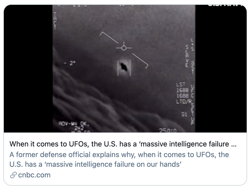 前美国国防部官员说，谈到UFO，美国面临“巨大的情报缺乏”。/CNBC报道截图