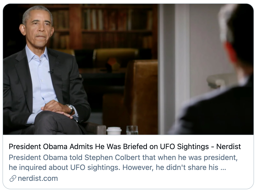 美国前总统奥巴马承认他被通报了UFO目击事件。/Nerdist网站截图