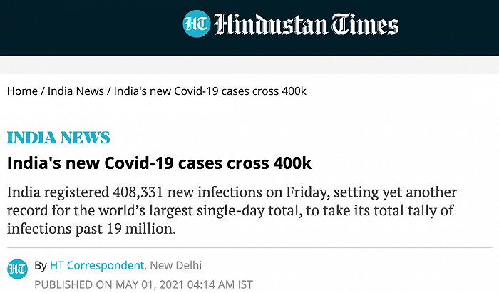 《印度斯坦时报》：印度单日新增超40万例新冠确诊病例