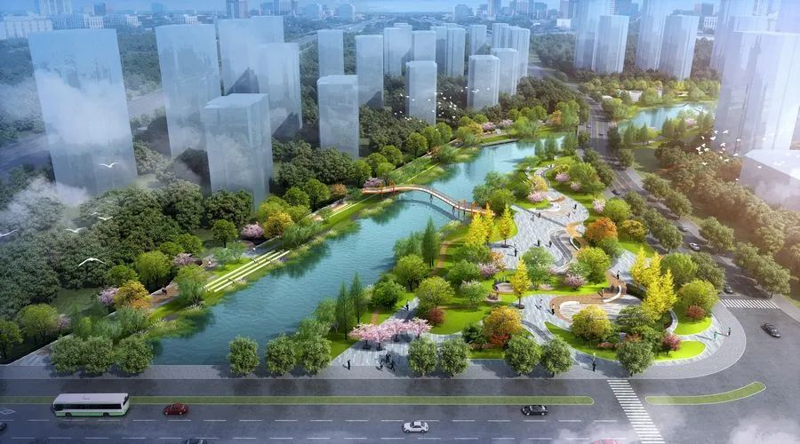 公园北区鸟瞰图杭州富阳万达广场周边将新增一个滨水绿地公园,将于