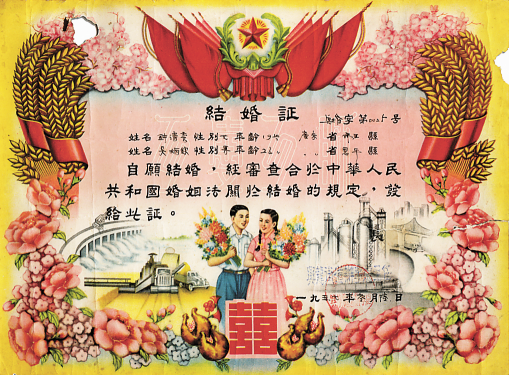 上世纪50年代的结婚证,出现麦穗等元素.