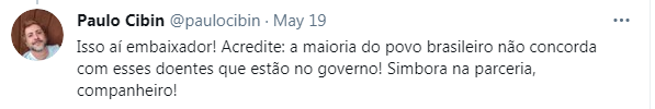 ▲巴西网友：“确实是这样大使！请您相信，大部分巴西人民都不同意这些政府内的人所作所为。我们是合作伙伴，是同伴！”