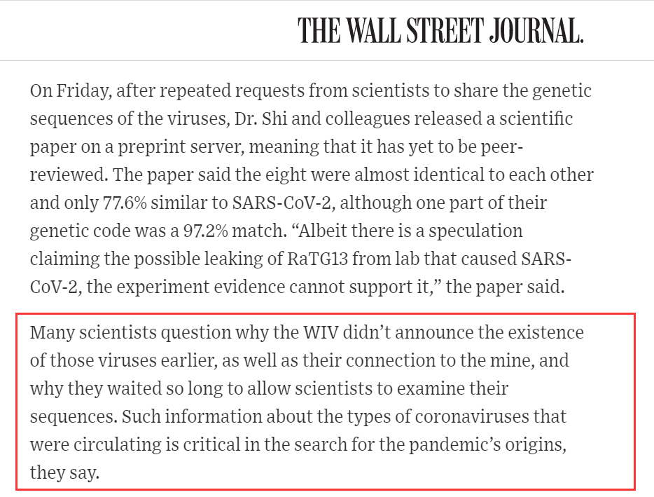 图为《华尔街日报》抹黑武汉病毒所的最新报道