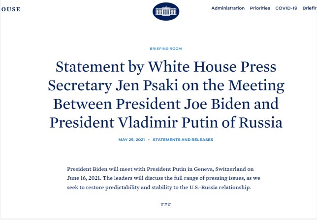 白宫宣布！拜登与普京将于6月16日在日内瓦会晤休闲区蓝鸢梦想 - Www.slyday.coM