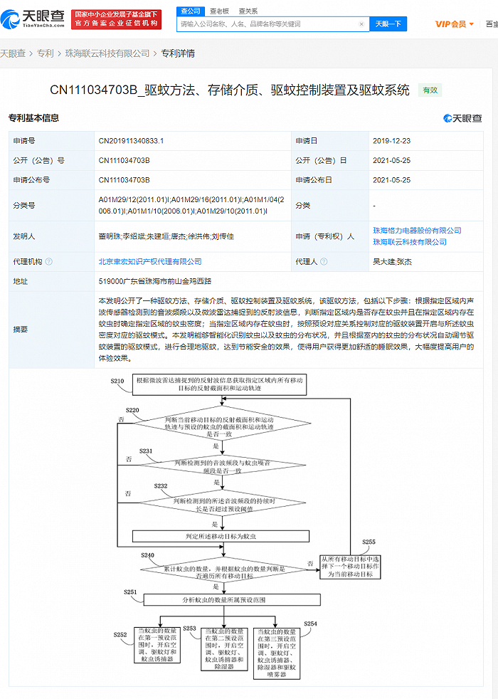 格力公开“驱蚊”相关专利，可智能化识别室内蚊虫分布状况