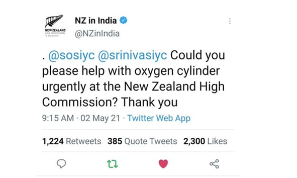 （新西兰驻新德里高级专员公署先前这条推文随后被删除 图自推特网友）