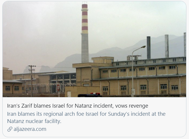 伊朗外长扎里夫指责以色列为纳坦兹核设施电力系统故障负责，誓言复仇。/半岛电视台报道截图