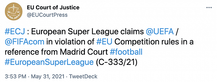 欧超联赛起诉欧足联和国际足联，欧足联回应：将全力捍卫自身立场