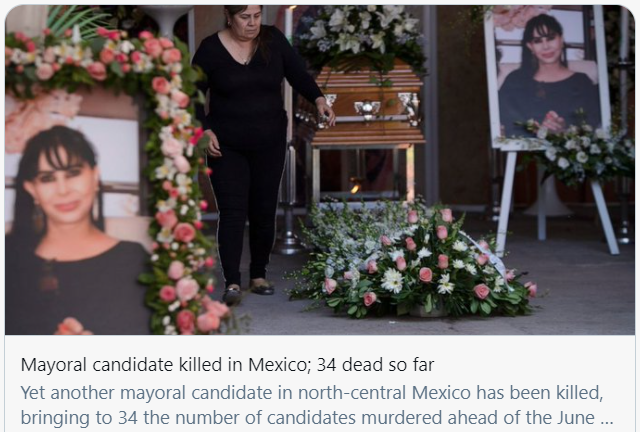 市长候选人被枪杀，墨西哥中期选举前，已有34名候选人被杀。推特截图