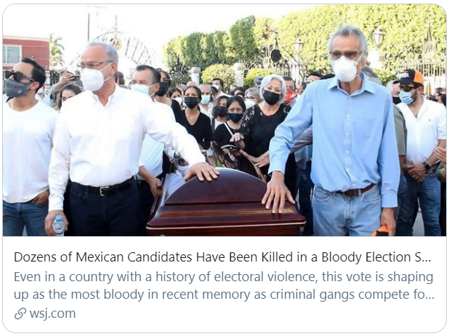 数十名墨西哥候选人在中期选举前被杀。《华尔街日报》报道截图