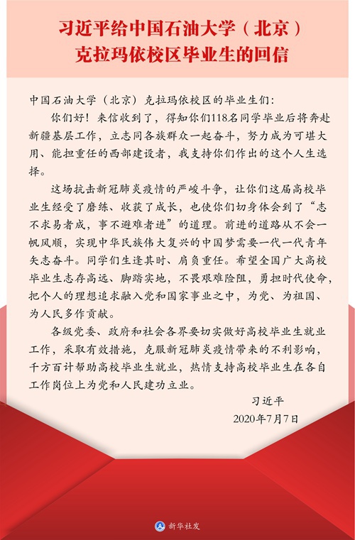 图表：习近平给中国石油大学（北京）克拉玛依校区毕业生的回信 新华社发