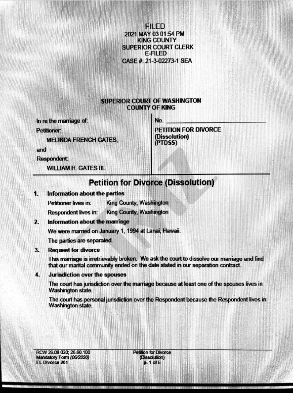 美媒曝盖茨离婚文件：由梅琳达提起申请，未来不要求配偶支持