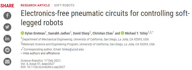 Science Robotics封面 轻便低成本 无电子设备驱动的四足软体机器人 加州大学圣地亚哥分校 新浪新闻