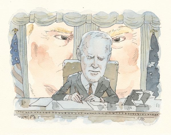 拜登在白宫办公，特朗普在窗外窥视。（漫画原载美国《政治报》网站）