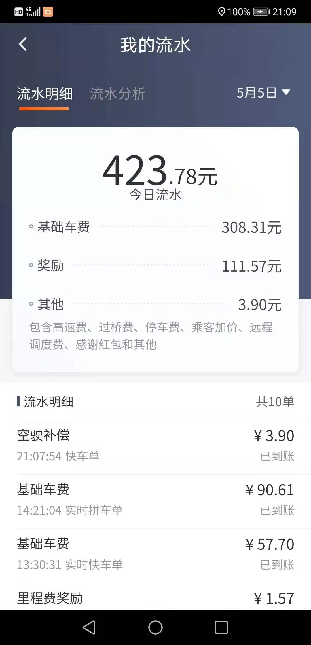 图3 滴滴快车司机赵师傅5月5日的收入（流水）明细